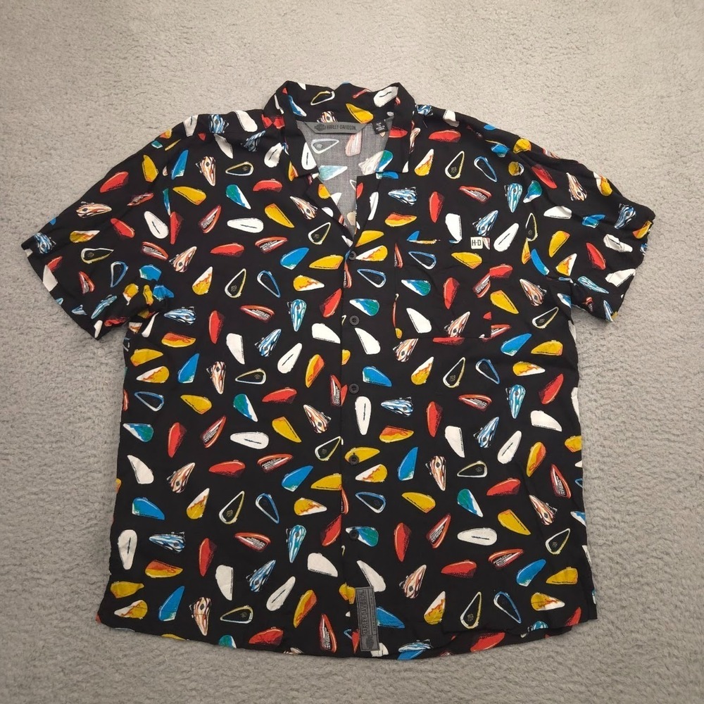Harley Davidson‎ Button Down Short Sleeve Mens XL Slim Black Multi Tank Print